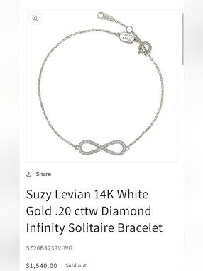 Suzy Levian 14K White Gold .20 cttw Diamond Infinity Solitaire Bracelet New